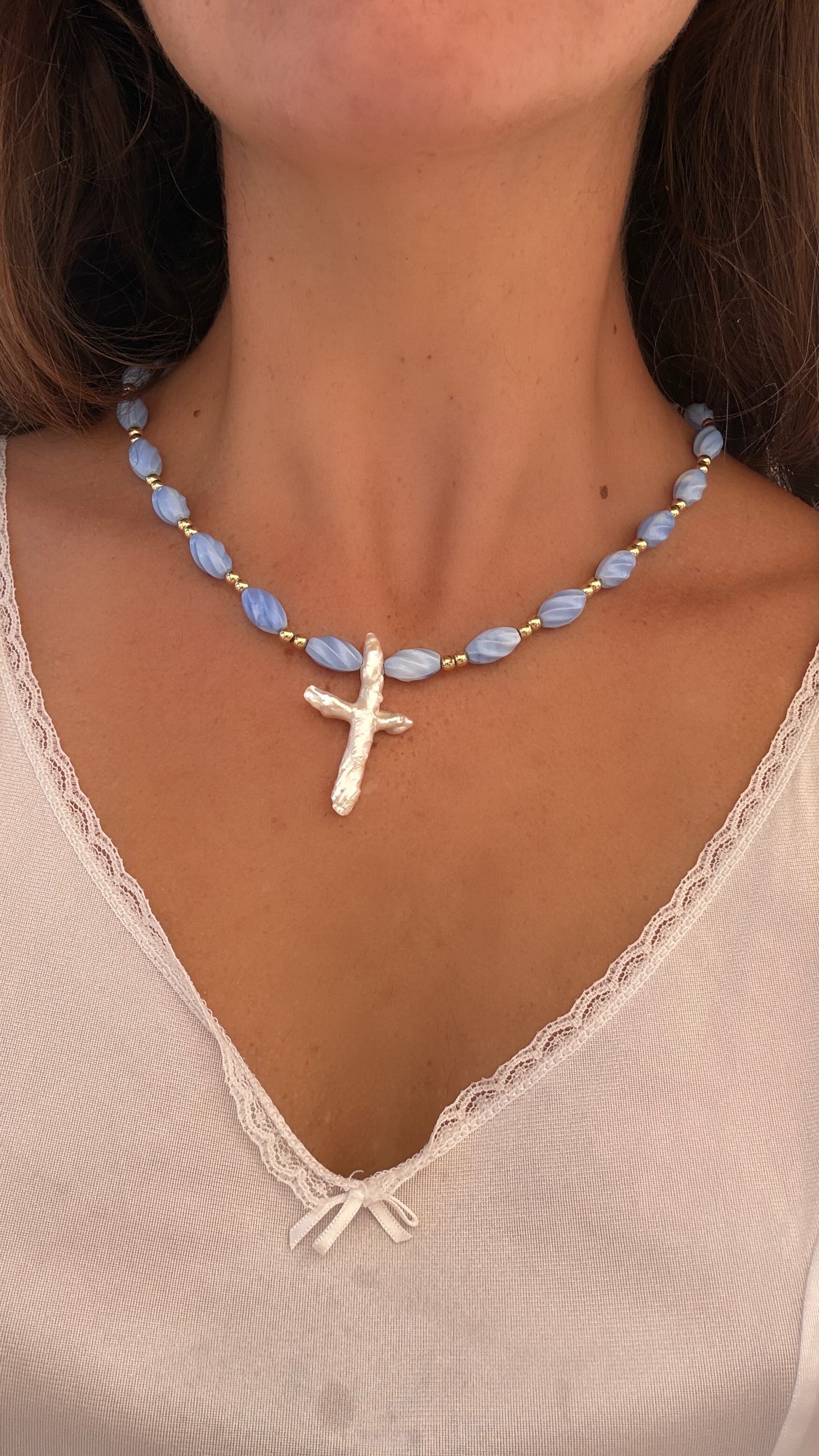 Blue pearl cross necklace