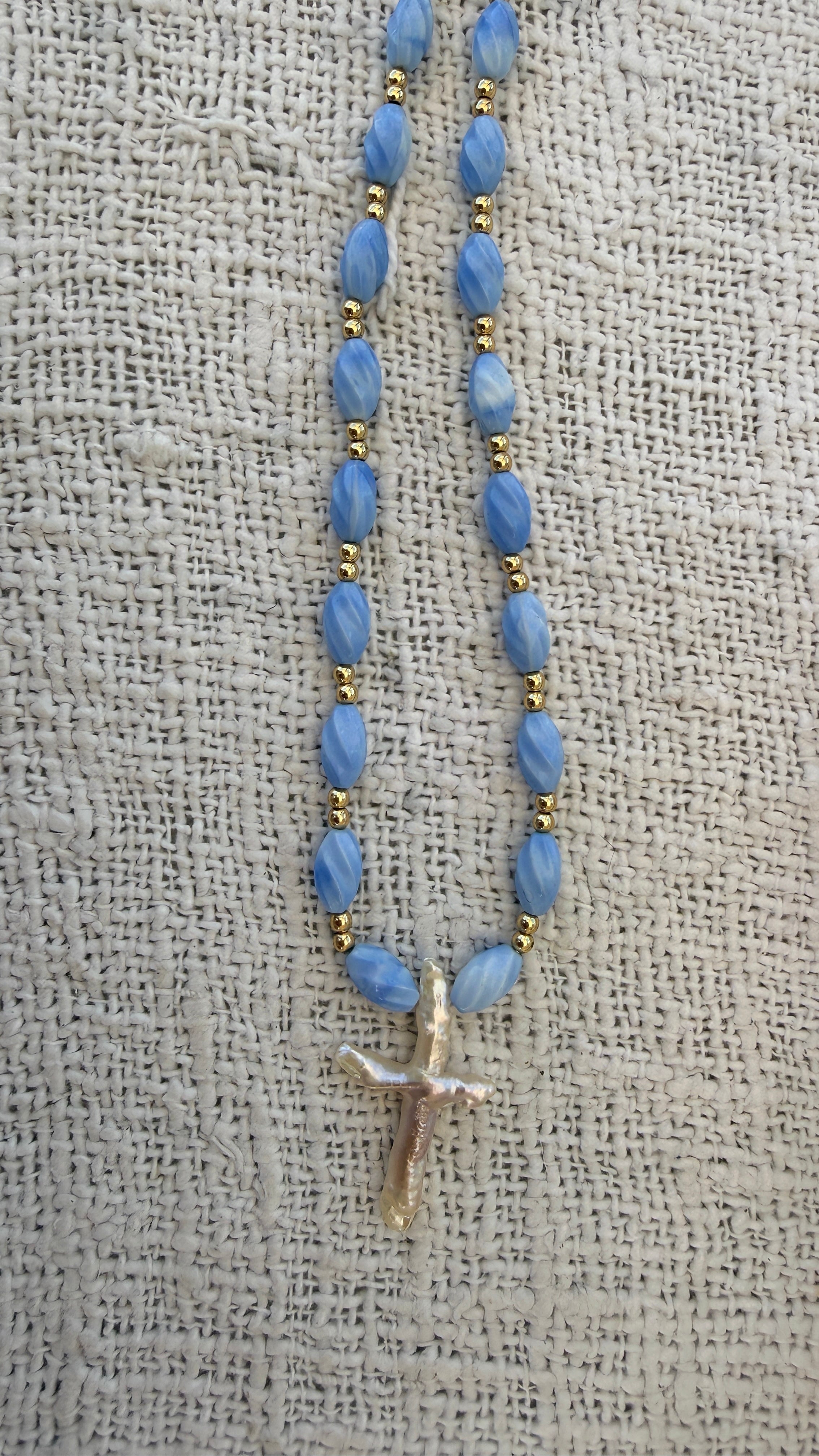 Blue pearl cross necklace