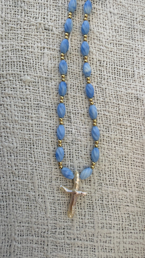 Blue pearl cross necklace