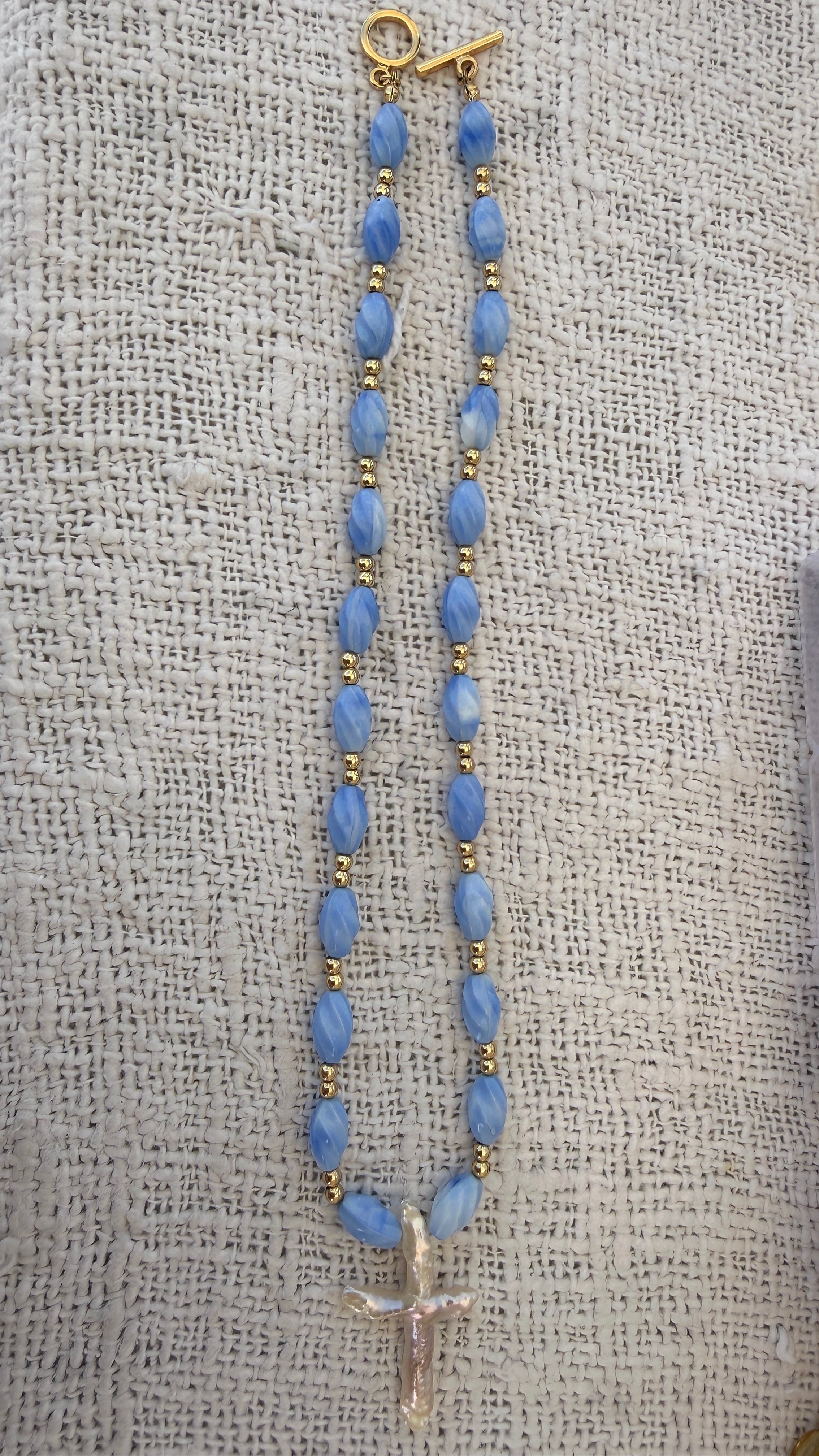 Blue pearl cross necklace